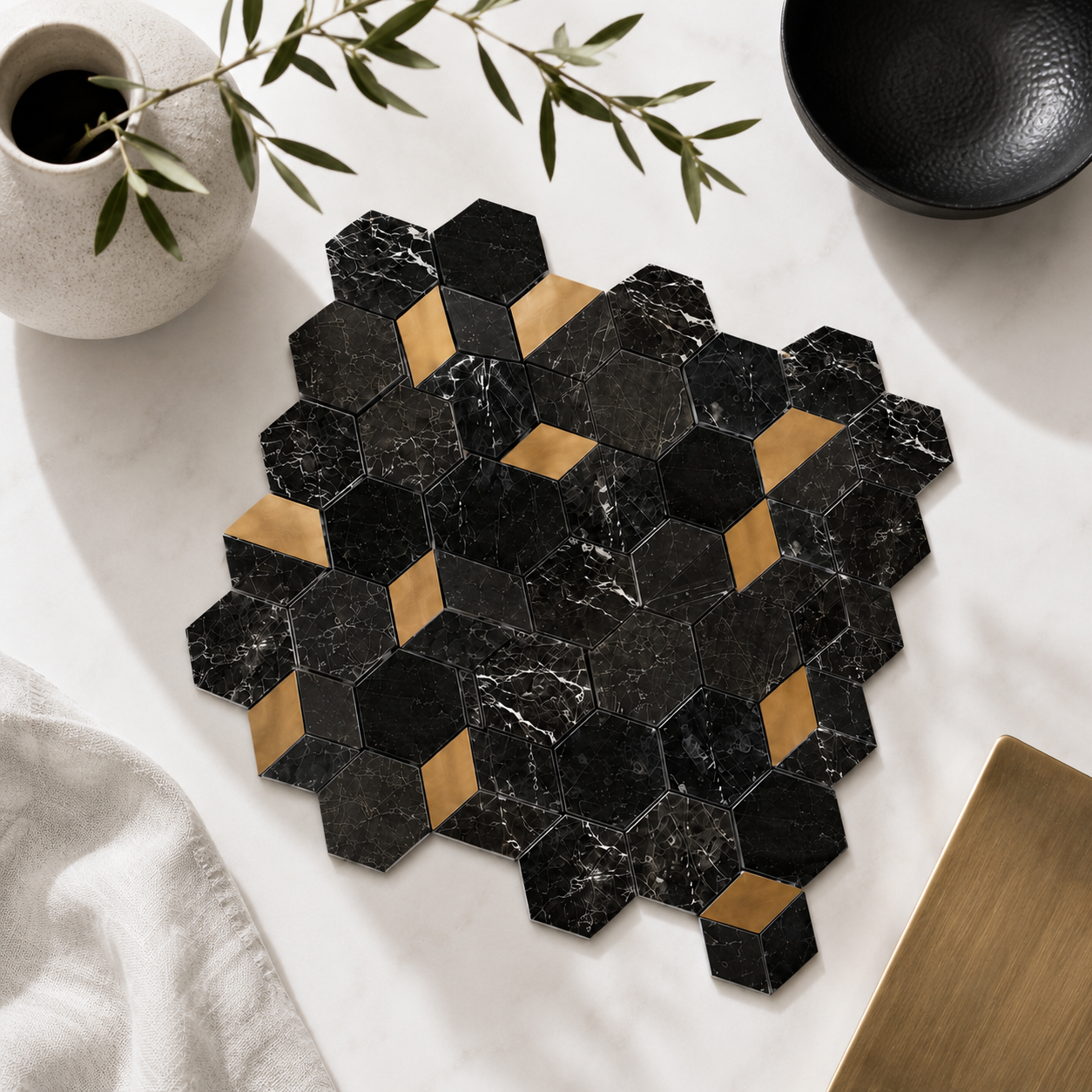 Marmos - Fairmont Brass Black Hex Mosaic